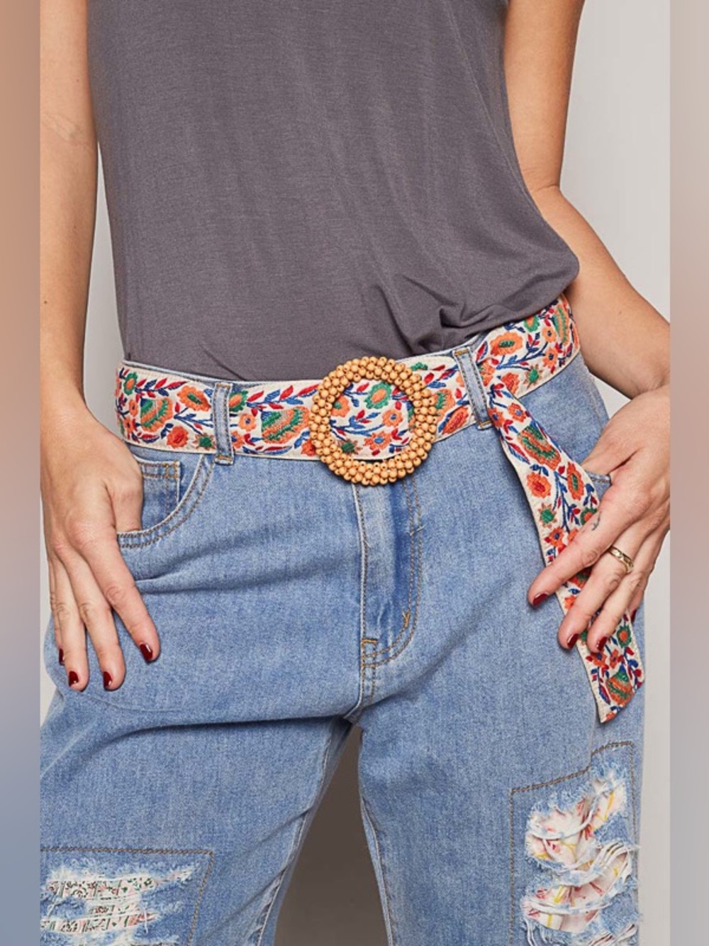 POL Embroidered Floral Fabric Belt with Beaded Buckle - Multicolor